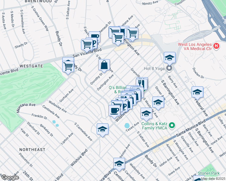 map of restaurants, bars, coffee shops, grocery stores, and more near 11954 Mayfield Avenue in Los Angeles