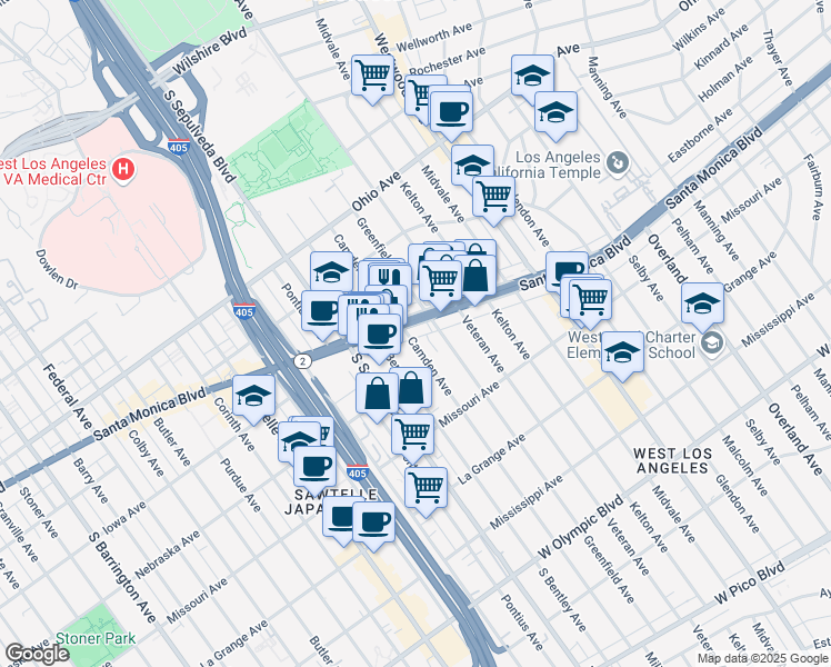 map of restaurants, bars, coffee shops, grocery stores, and more near 5612 California 2 in Los Angeles