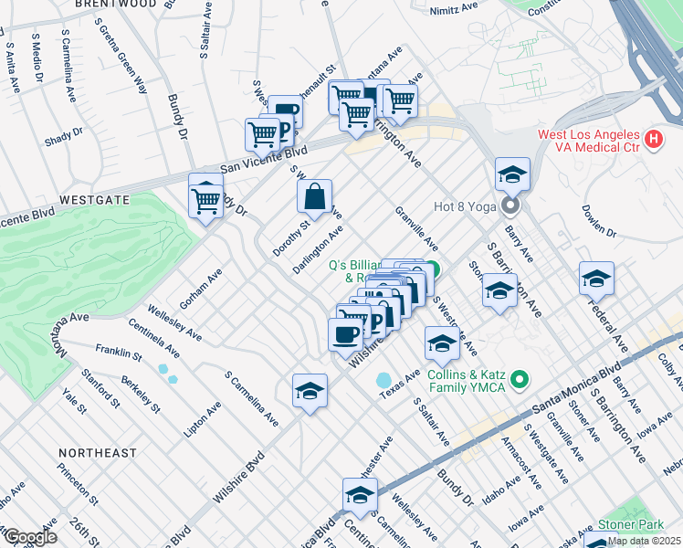 map of restaurants, bars, coffee shops, grocery stores, and more near 11954 Mayfield Avenue in Los Angeles