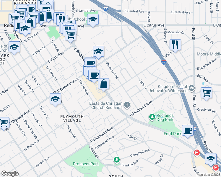 map of restaurants, bars, coffee shops, grocery stores, and more near 607 East Palm Avenue in Redlands