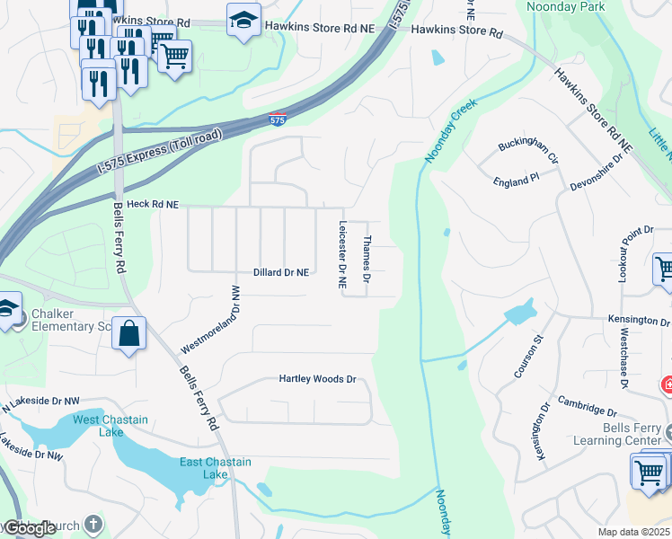 map of restaurants, bars, coffee shops, grocery stores, and more near 4025 Leicester Drive Northeast in Kennesaw