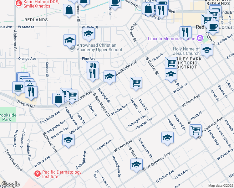 map of restaurants, bars, coffee shops, grocery stores, and more near 106 San Jacinto Street in Redlands