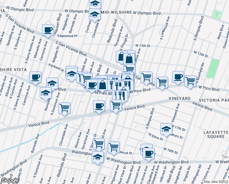 map of restaurants, bars, coffee shops, grocery stores, and more near 1372 South Mansfield Avenue in Los Angeles
