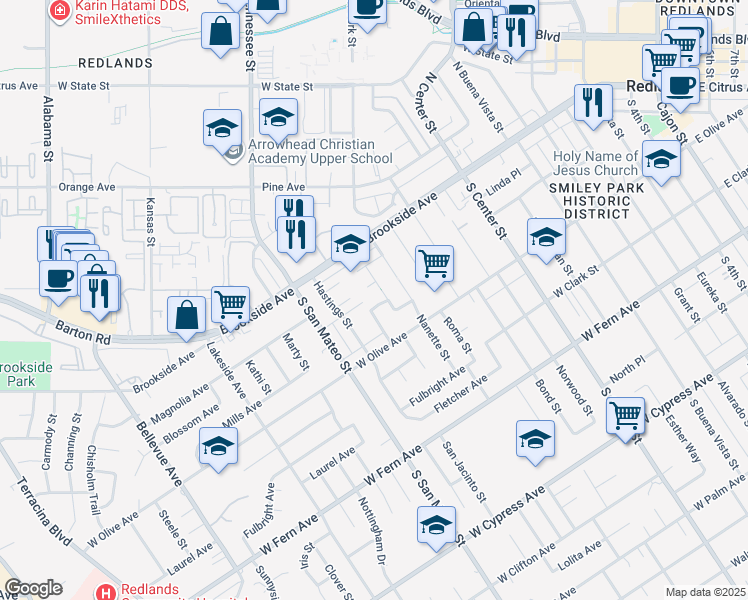 map of restaurants, bars, coffee shops, grocery stores, and more near 106 San Jacinto Street in Redlands