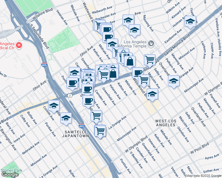map of restaurants, bars, coffee shops, grocery stores, and more near 1827 Veteran Avenue in Los Angeles