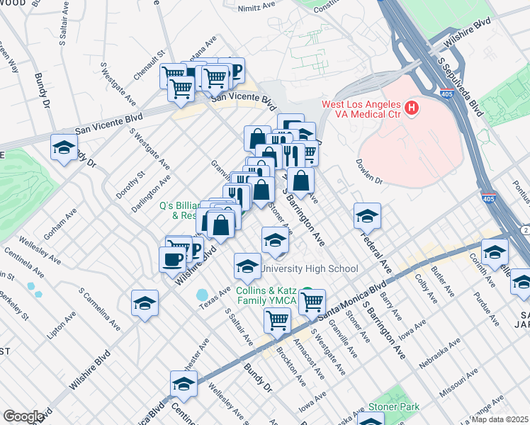 map of restaurants, bars, coffee shops, grocery stores, and more near 11785 Wilshire Boulevard in Los Angeles