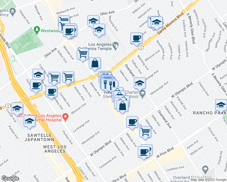 map of restaurants, bars, coffee shops, grocery stores, and more near 1912 Glendon Avenue in Los Angeles
