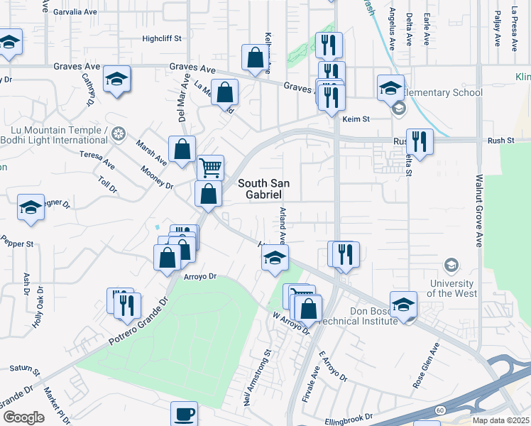 map of restaurants, bars, coffee shops, grocery stores, and more near 1566 Abakan Street in Rosemead