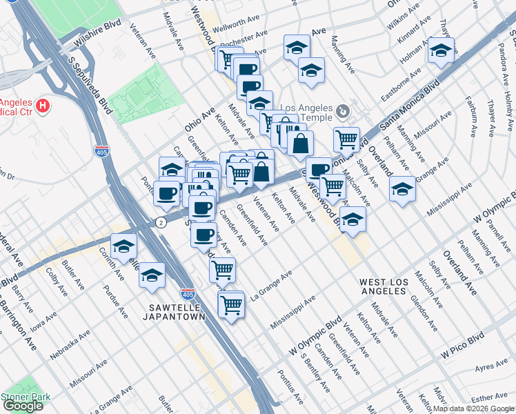 map of restaurants, bars, coffee shops, grocery stores, and more near 10960 Santa Monica Boulevard in Los Angeles