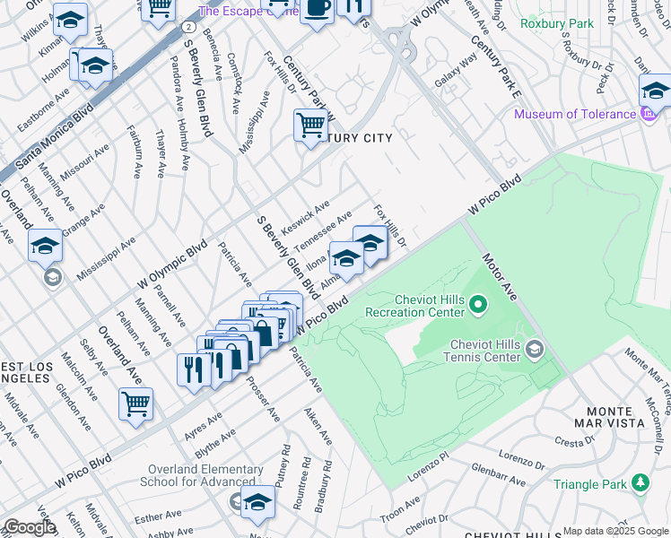 map of restaurants, bars, coffee shops, grocery stores, and more near 10373 Almayo Avenue in Los Angeles