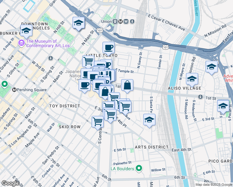 map of restaurants, bars, coffee shops, grocery stores, and more near 100 South Alameda Street in Los Angeles