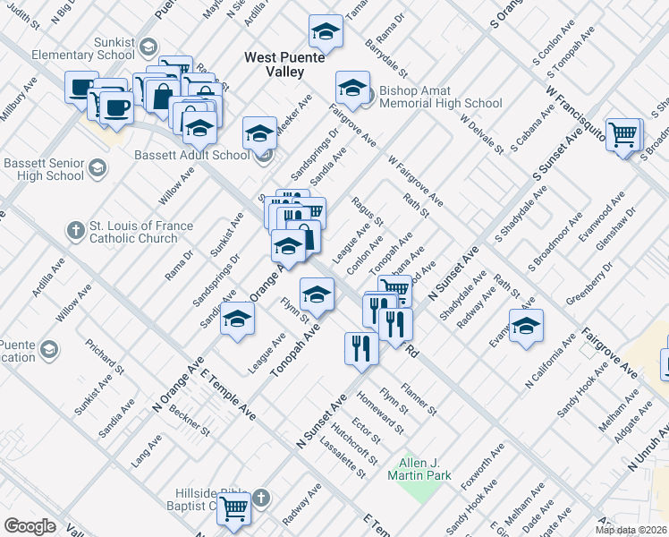 map of restaurants, bars, coffee shops, grocery stores, and more near 921 League Avenue in La Puente
