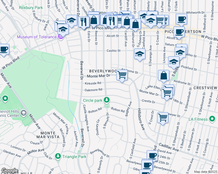 map of restaurants, bars, coffee shops, grocery stores, and more near 9437 Oakmore Road in Los Angeles