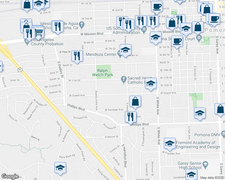 map of restaurants, bars, coffee shops, grocery stores, and more near 1185 West Grand Avenue in Pomona