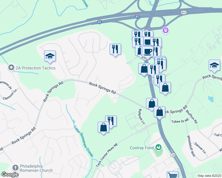 map of restaurants, bars, coffee shops, grocery stores, and more near 1096 Rock Springs Road in Lawrenceville
