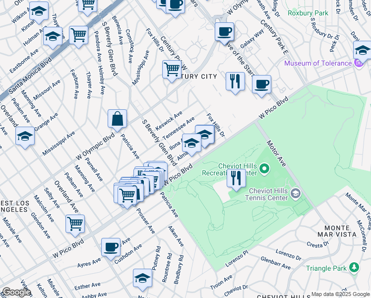 map of restaurants, bars, coffee shops, grocery stores, and more near 10373 Almayo Avenue in Los Angeles