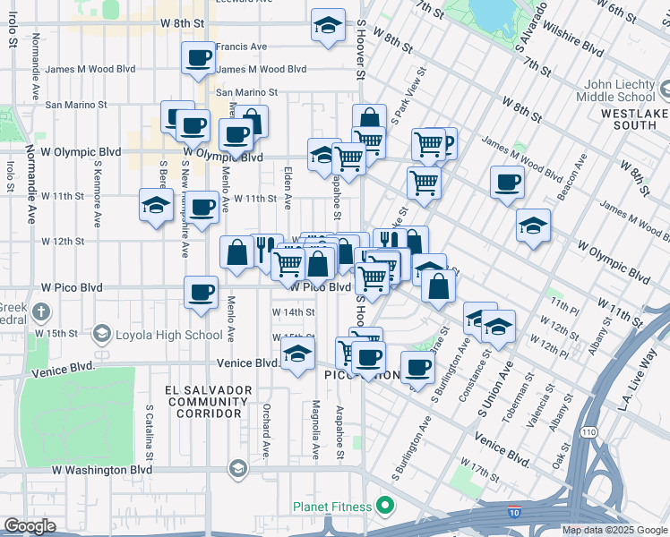 map of restaurants, bars, coffee shops, grocery stores, and more near 1221 Arapahoe Street in Los Angeles
