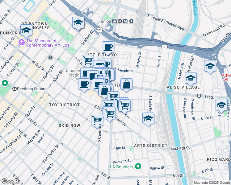 map of restaurants, bars, coffee shops, grocery stores, and more near 100 South Alameda Street in Los Angeles