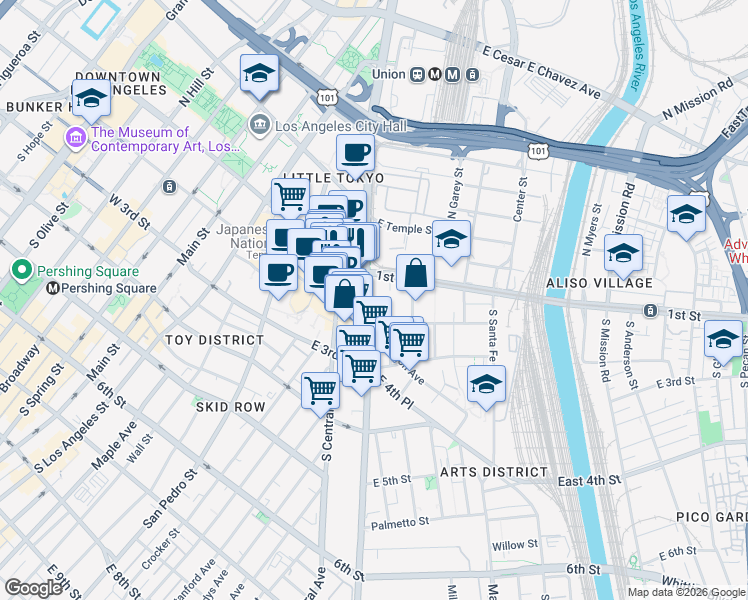 map of restaurants, bars, coffee shops, grocery stores, and more near 100 South Alameda Street in Los Angeles