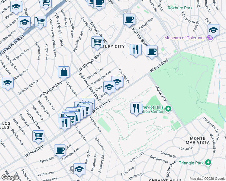 map of restaurants, bars, coffee shops, grocery stores, and more near 2360 Kerwood Avenue in Los Angeles