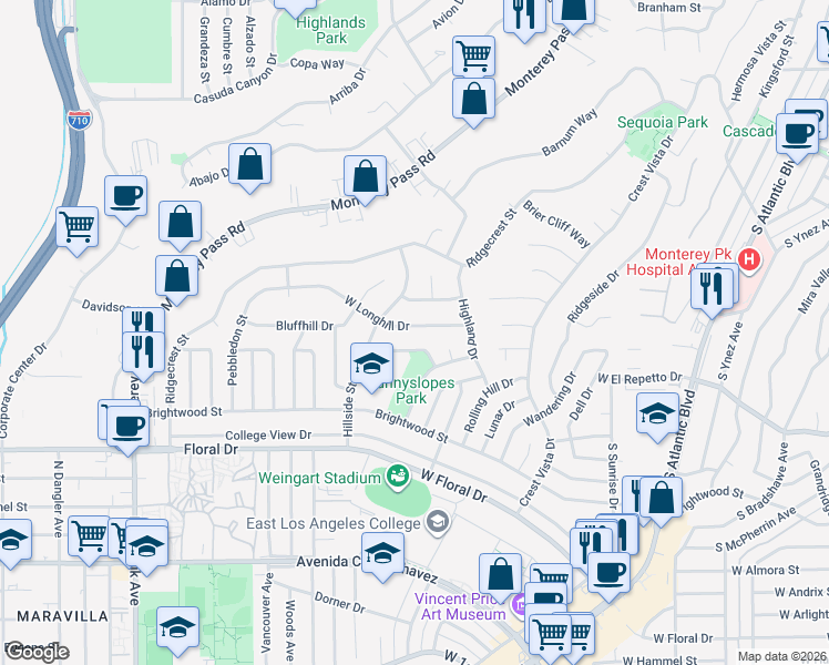 map of restaurants, bars, coffee shops, grocery stores, and more near 1556 West Longhill Drive in Monterey Park