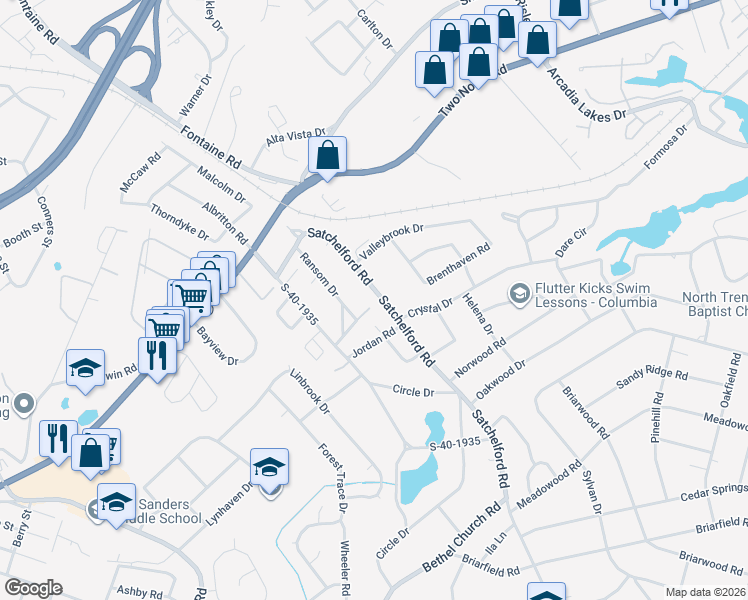 map of restaurants, bars, coffee shops, grocery stores, and more near 6632 Satchelford Road in Columbia