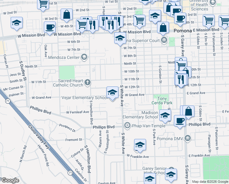 map of restaurants, bars, coffee shops, grocery stores, and more near 949 West Grand Avenue in Pomona