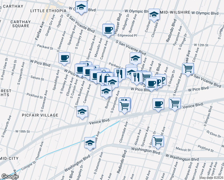 map of restaurants, bars, coffee shops, grocery stores, and more near Burnside Avenue in Los Angeles