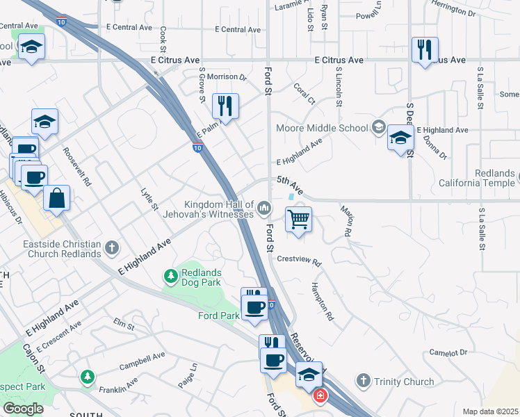 map of restaurants, bars, coffee shops, grocery stores, and more near 1200 East Highland Avenue in Redlands