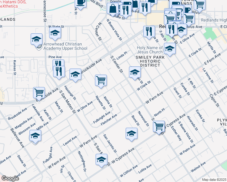 map of restaurants, bars, coffee shops, grocery stores, and more near 822 West Olive Avenue in Redlands