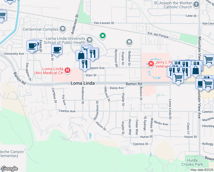 map of restaurants, bars, coffee shops, grocery stores, and more near 25044 Barton Road in Loma Linda