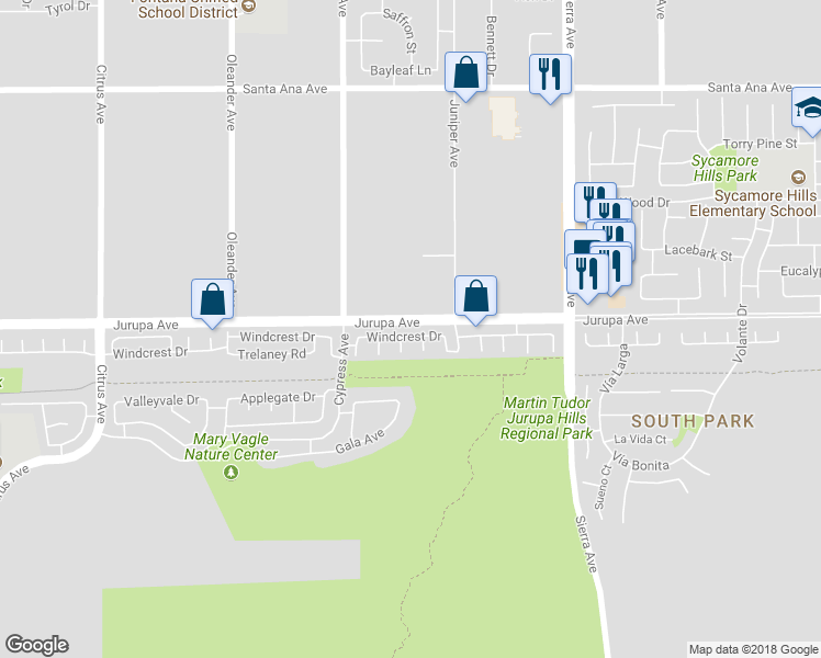 map of restaurants, bars, coffee shops, grocery stores, and more near 16676 Jurupa Avenue in Fontana