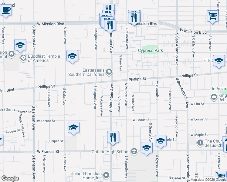 map of restaurants, bars, coffee shops, grocery stores, and more near 1322 South Pine Avenue in Ontario