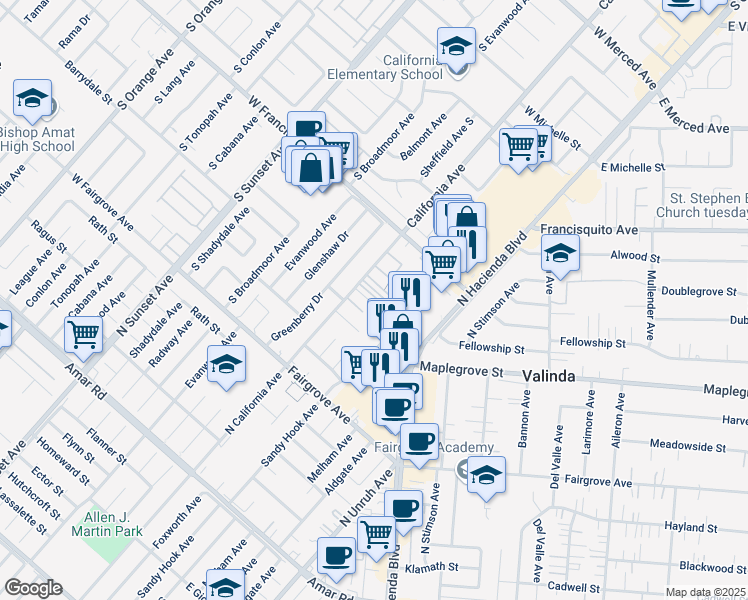map of restaurants, bars, coffee shops, grocery stores, and more near 1440 North California Avenue in La Puente