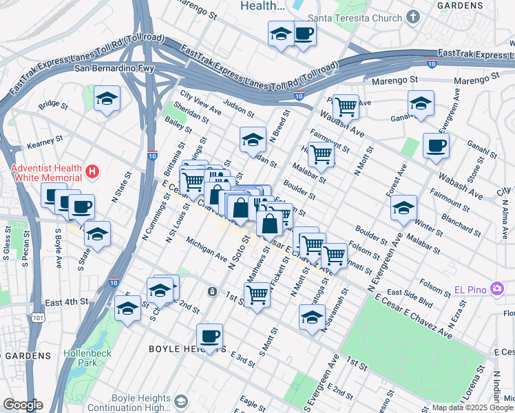 map of restaurants, bars, coffee shops, grocery stores, and more near 2342 Folsom Street in Los Angeles