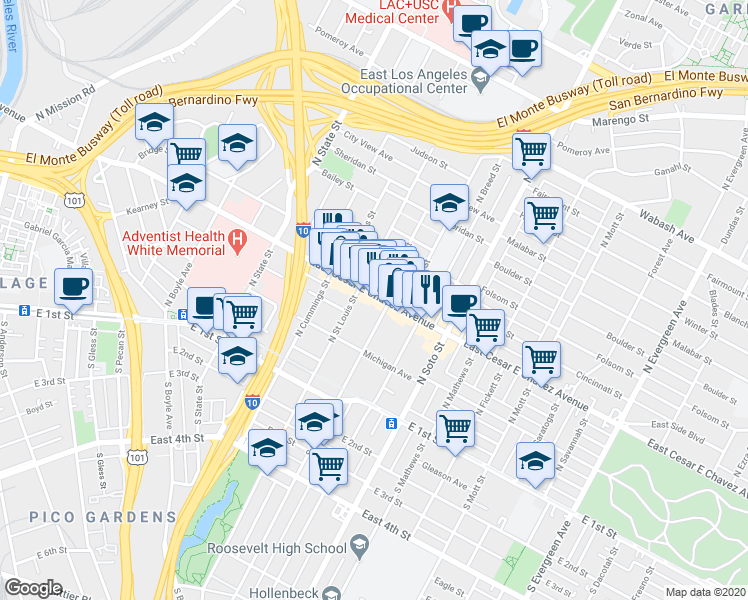map of restaurants, bars, coffee shops, grocery stores, and more near in Los Angeles