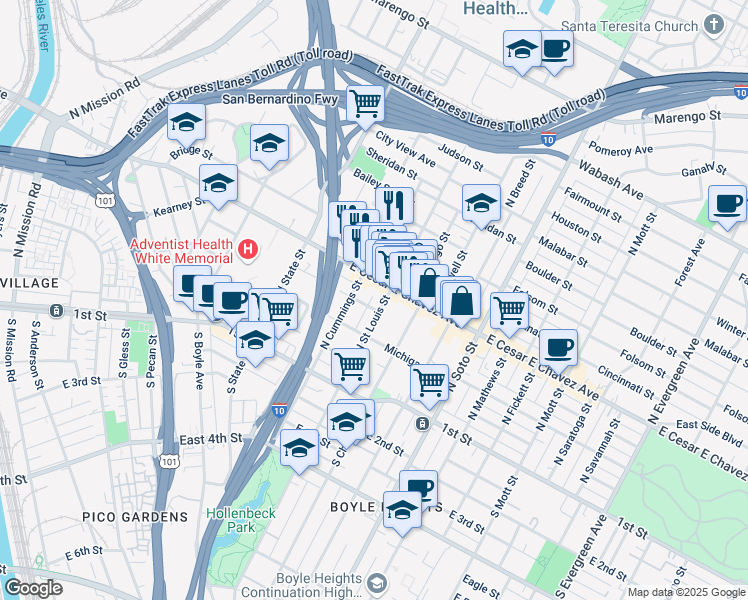 map of restaurants, bars, coffee shops, grocery stores, and more near 2024 East Cesar E Chavez Avenue in Los Angeles