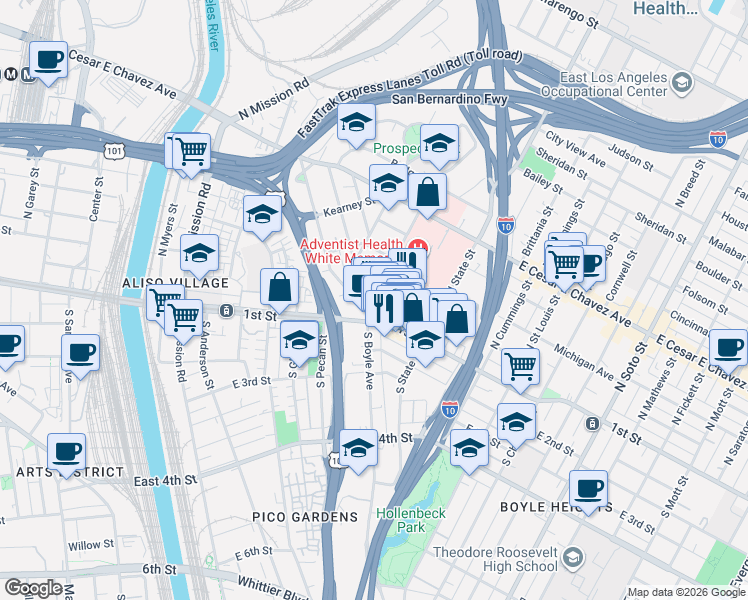 map of restaurants, bars, coffee shops, grocery stores, and more near 127 North Boyle Avenue in Los Angeles