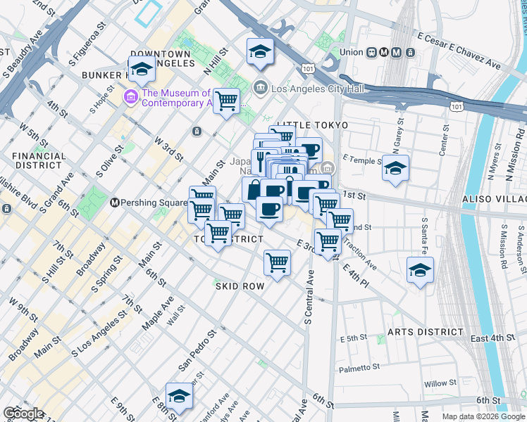 map of restaurants, bars, coffee shops, grocery stores, and more near 312 Azusa Street in Los Angeles