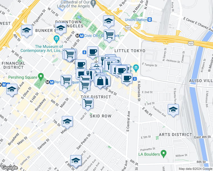 map of restaurants, bars, coffee shops, grocery stores, and more near 231 East 3rd Street in Los Angeles