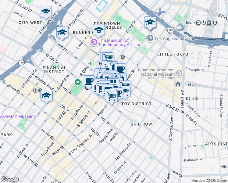 map of restaurants, bars, coffee shops, grocery stores, and more near 120 West 4th Street in Los Angeles