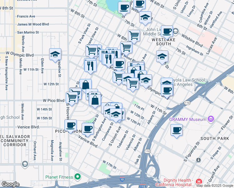 map of restaurants, bars, coffee shops, grocery stores, and more near 1111 South Burlington Avenue in Los Angeles