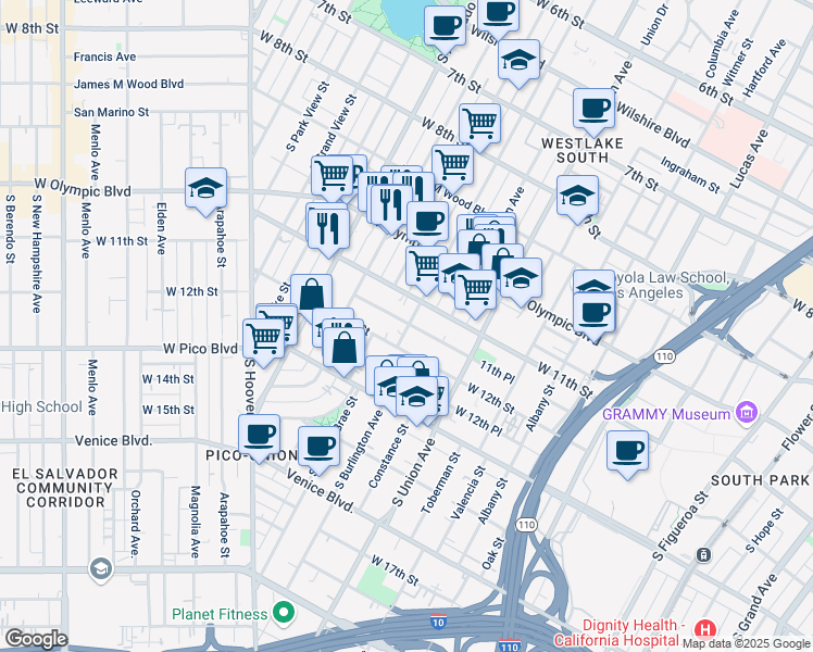 map of restaurants, bars, coffee shops, grocery stores, and more near 1111 South Burlington Avenue in Los Angeles