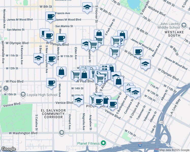 map of restaurants, bars, coffee shops, grocery stores, and more near 1240 Hoover Street in Los Angeles