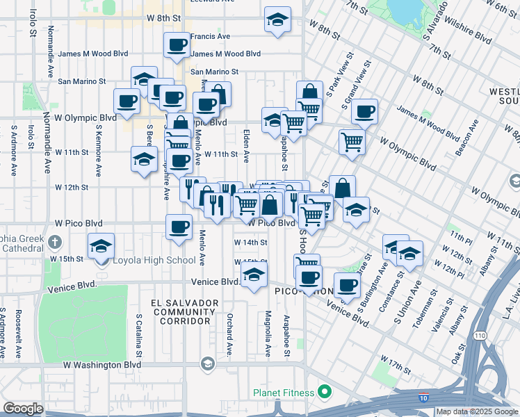 map of restaurants, bars, coffee shops, grocery stores, and more near 1223 Magnolia Avenue in Los Angeles
