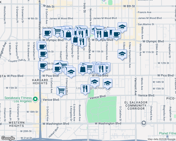 map of restaurants, bars, coffee shops, grocery stores, and more near 1214 Irolo Street in Los Angeles