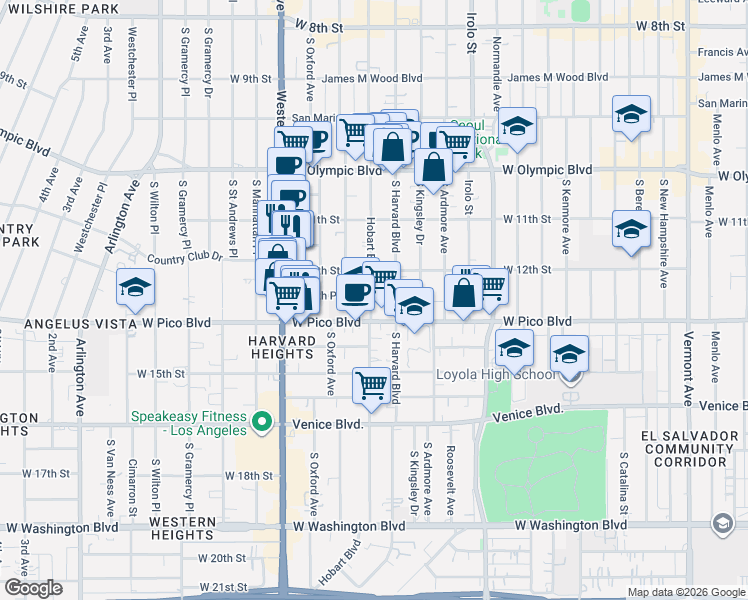 map of restaurants, bars, coffee shops, grocery stores, and more near 1214 South Hobart Boulevard in Los Angeles