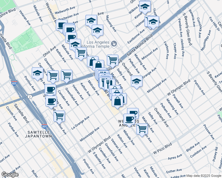 map of restaurants, bars, coffee shops, grocery stores, and more near 1912 Glendon Avenue in Los Angeles