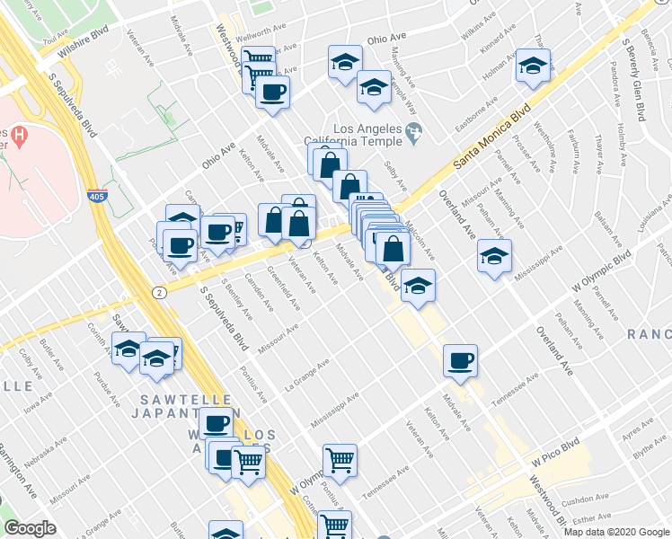 map of restaurants, bars, coffee shops, grocery stores, and more near 1844 Midvale Avenue in Los Angeles