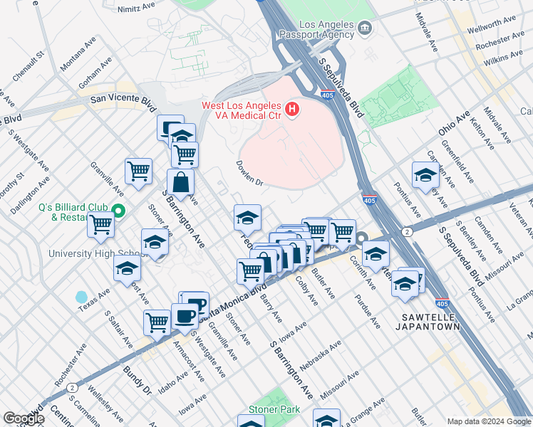 map of restaurants, bars, coffee shops, grocery stores, and more near 11511 Rochester Avenue in Los Angeles